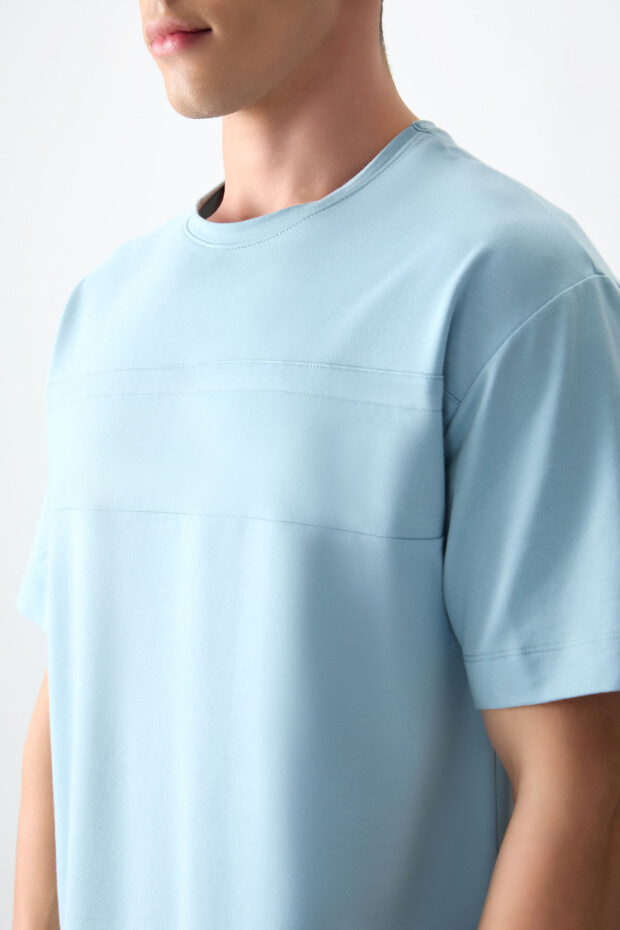 Açık Mavi Pamuklu Kalın Yumuşak Dokulu Oversize Fit Basic Erkek T-Shirt - 88378 - 4