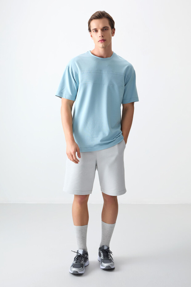 Açık Mavi Pamuklu Kalın Yumuşak Dokulu Oversize Fit Basic Erkek T-Shirt - 88378 - 3