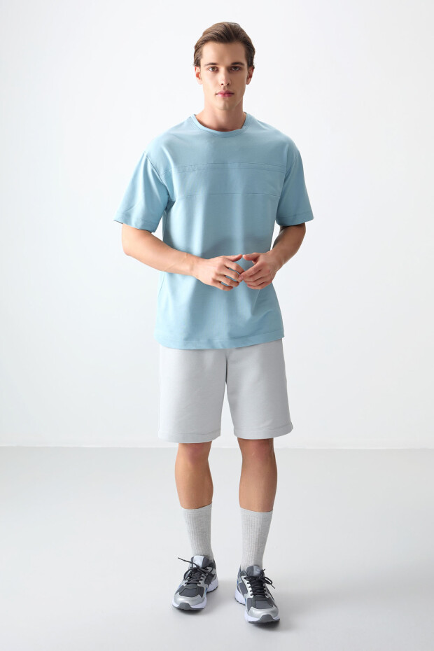Açık Mavi Pamuklu Kalın Yumuşak Dokulu Oversize Fit Basic Erkek T-Shirt - 88378 - 5