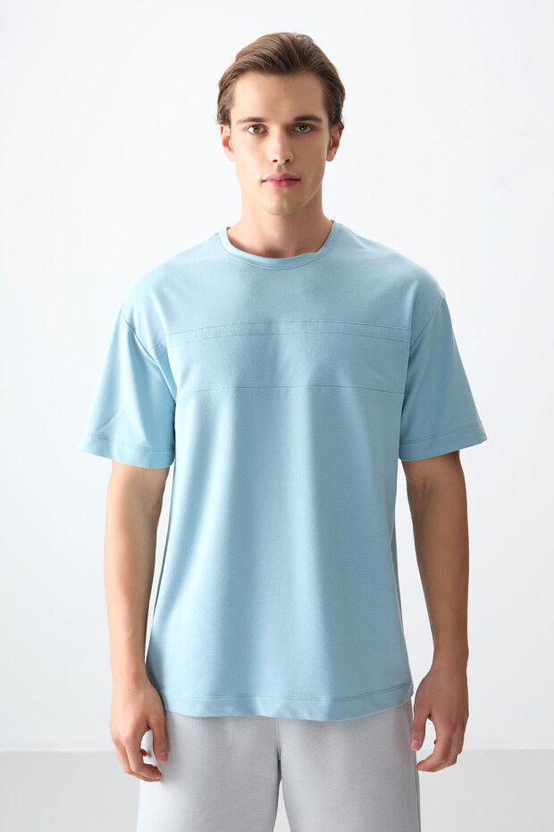 Açık Mavi Pamuklu Kalın Yumuşak Dokulu Oversize Fit Basic Erkek T-Shirt - 88378 - 6
