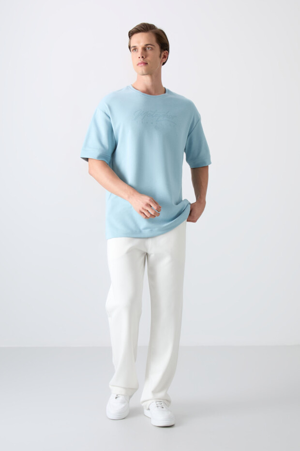 Açık Mavi Pamuklu Kalın Yumuşak Dokulu Oversize Fit Baskılı Erkek T-Shirt - 88320 - 2