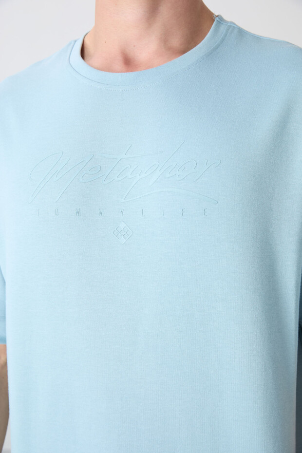 Açık Mavi Pamuklu Kalın Yumuşak Dokulu Oversize Fit Baskılı Erkek T-Shirt - 88320 - 3