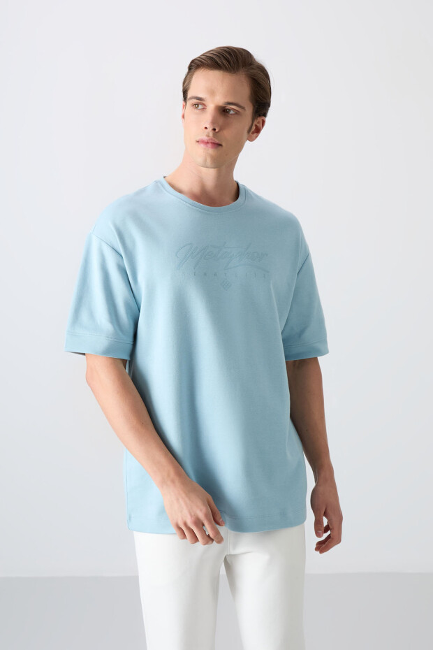 Açık Mavi Pamuklu Kalın Yumuşak Dokulu Oversize Fit Baskılı Erkek T-Shirt - 88320 - 4