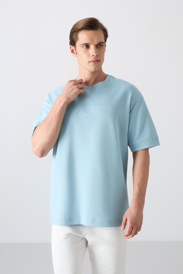 Açık Mavi Pamuklu Kalın Yumuşak Dokulu Oversize Fit Baskılı Erkek T-Shirt - 88320 - 1