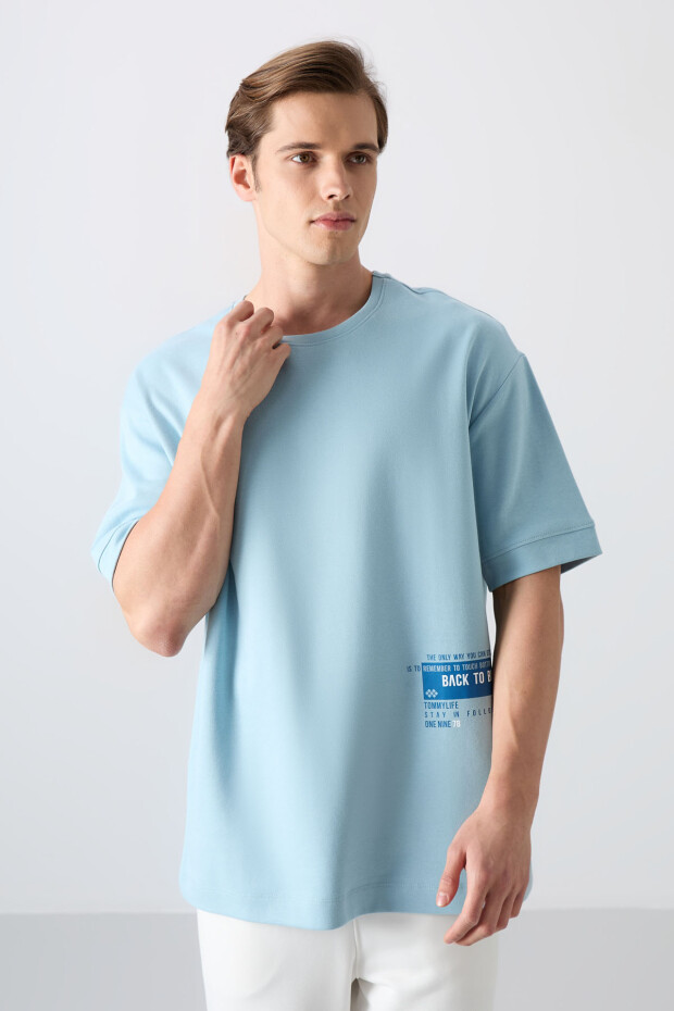 Açık Mavi Pamuklu Kalın Yumuşak Dokulu Oversize Fit Baskılı Erkek T-Shirt - 88322 - 2