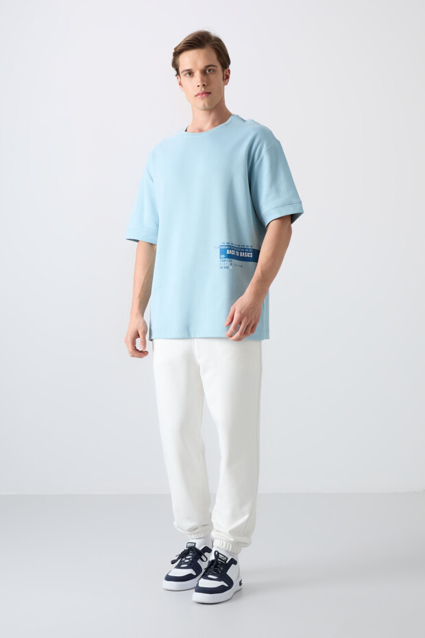 Açık Mavi Pamuklu Kalın Yumuşak Dokulu Oversize Fit Baskılı Erkek T-Shirt - 88322 - 4