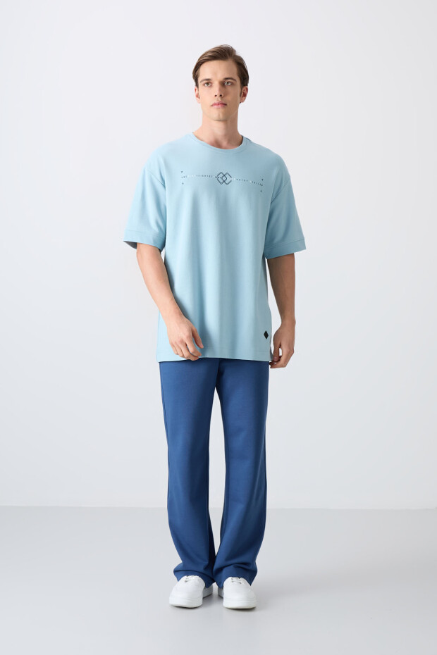 Açık Mavi Pamuklu Kalın Yumuşak Dokulu Oversize Fit Baskılı Erkek T-Shirt - 88323 - 2