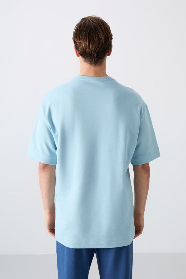 Açık Mavi Pamuklu Kalın Yumuşak Dokulu Oversize Fit Baskılı Erkek T-Shirt - 88323 - 5
