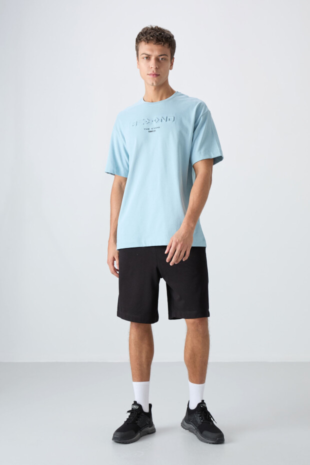 Açık Mavi Pamuklu Kalın Yumuşak Dokulu Oversize Fit Baskılı Erkek T-Shirt - 88328 - 2