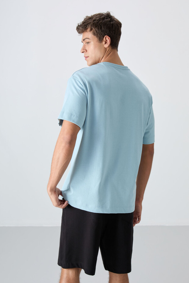 Açık Mavi Pamuklu Kalın Yumuşak Dokulu Oversize Fit Baskılı Erkek T-Shirt - 88328 - 5