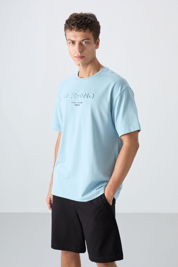 Açık Mavi Pamuklu Kalın Yumuşak Dokulu Oversize Fit Baskılı Erkek T-Shirt - 88328 - 4
