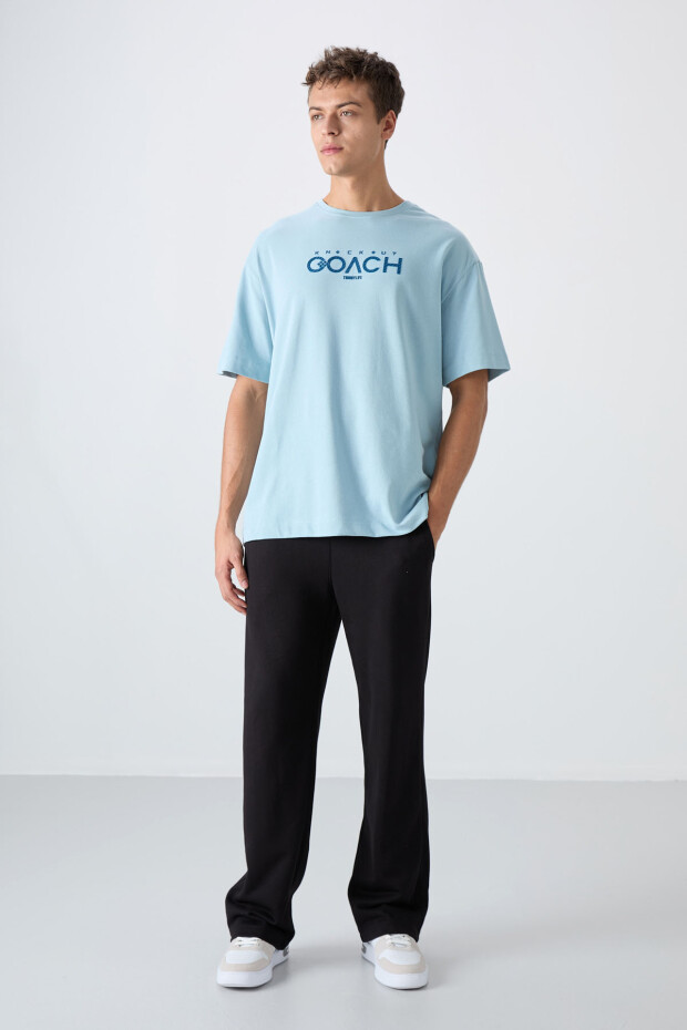 Açık Mavi Pamuklu Kalın Yumuşak Dokulu Oversize Fit Baskılı Erkek T-Shirt - 88329 - 2