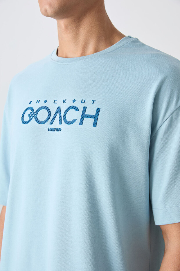 Açık Mavi Pamuklu Kalın Yumuşak Dokulu Oversize Fit Baskılı Erkek T-Shirt - 88329 - 3