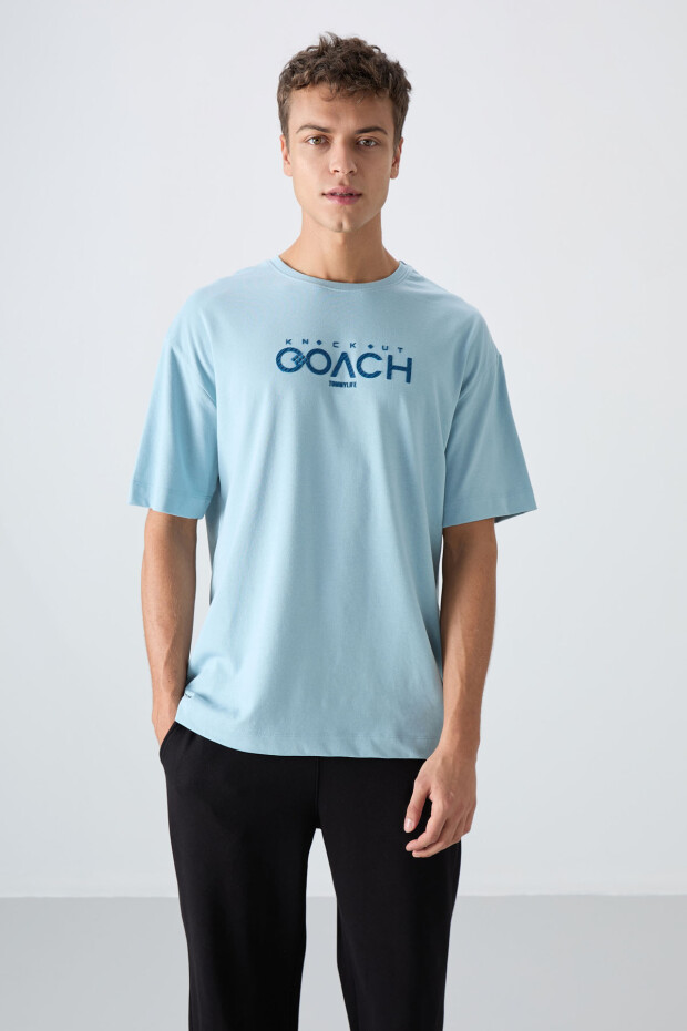 Açık Mavi Pamuklu Kalın Yumuşak Dokulu Oversize Fit Baskılı Erkek T-Shirt - 88329 - 4