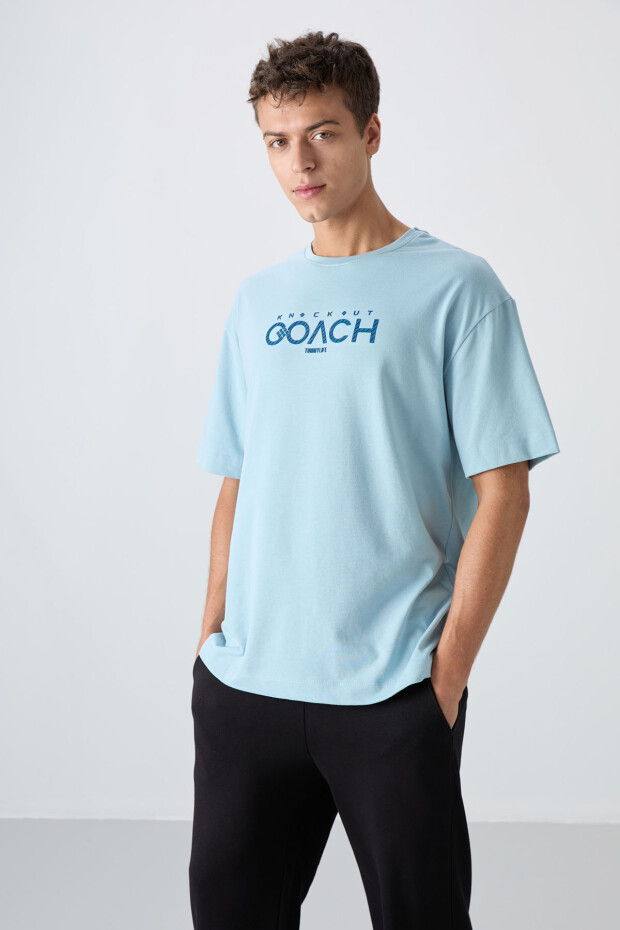 Açık Mavi Pamuklu Kalın Yumuşak Dokulu Oversize Fit Baskılı Erkek T-Shirt - 88329 - 1