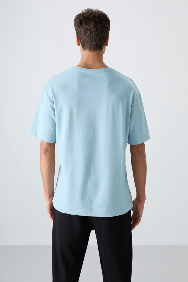 Açık Mavi Pamuklu Kalın Yumuşak Dokulu Oversize Fit Baskılı Erkek T-Shirt - 88329 - 5