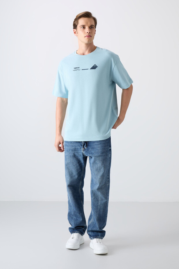 Açık Mavi Pamuklu Kalın Yumuşak Dokulu Oversize Fit Baskılı Erkek T-Shirt - 88330 - 2