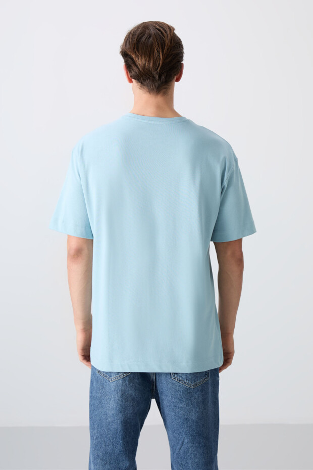 Açık Mavi Pamuklu Kalın Yumuşak Dokulu Oversize Fit Baskılı Erkek T-Shirt - 88330 - 5