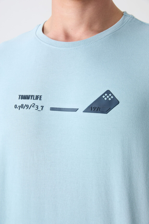 Açık Mavi Pamuklu Kalın Yumuşak Dokulu Oversize Fit Baskılı Erkek T-Shirt - 88330 - 3