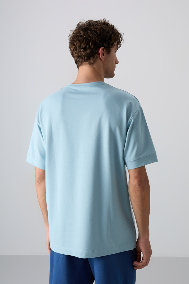 Açık Mavi Pamuklu Kalın Yumuşak Dokulu Oversize Fit Baskılı Erkek T-Shirt - 88342 - 6