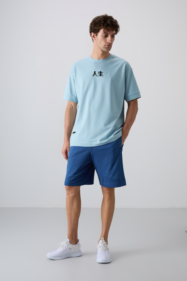 Açık Mavi Pamuklu Kalın Yumuşak Dokulu Oversize Fit Baskılı Erkek T-Shirt - 88342 - 2