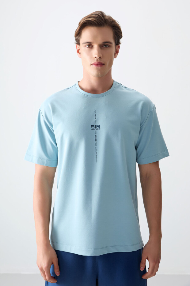 Açık Mavi Pamuklu Kalın Yumuşak Dokulu Oversize Fit Baskılı Erkek T-Shirt - 88373 - 4