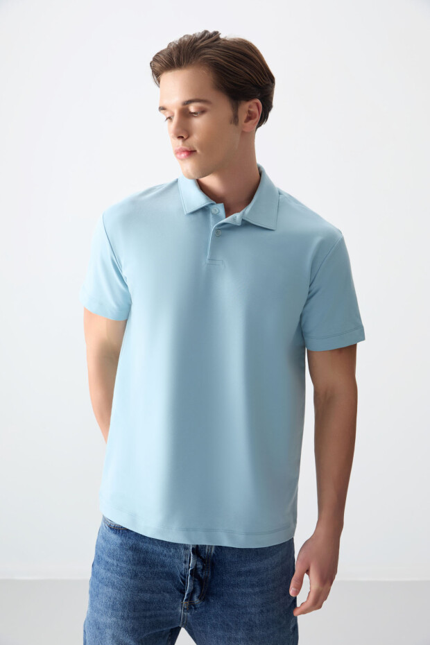 Açık Mavi Pamuklu Kalın Yumuşak Dokulu Polo Yaka Oversize Fit Basic Erkek T- Shirt - 88381 - 1