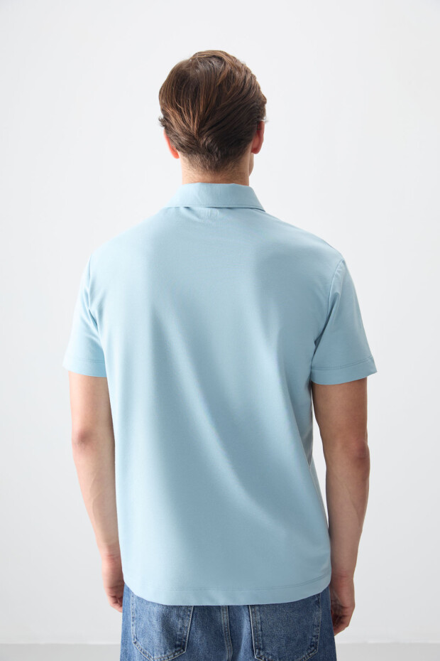 Açık Mavi Pamuklu Kalın Yumuşak Dokulu Polo Yaka Oversize Fit Basic Erkek T- Shirt - 88381 - 6