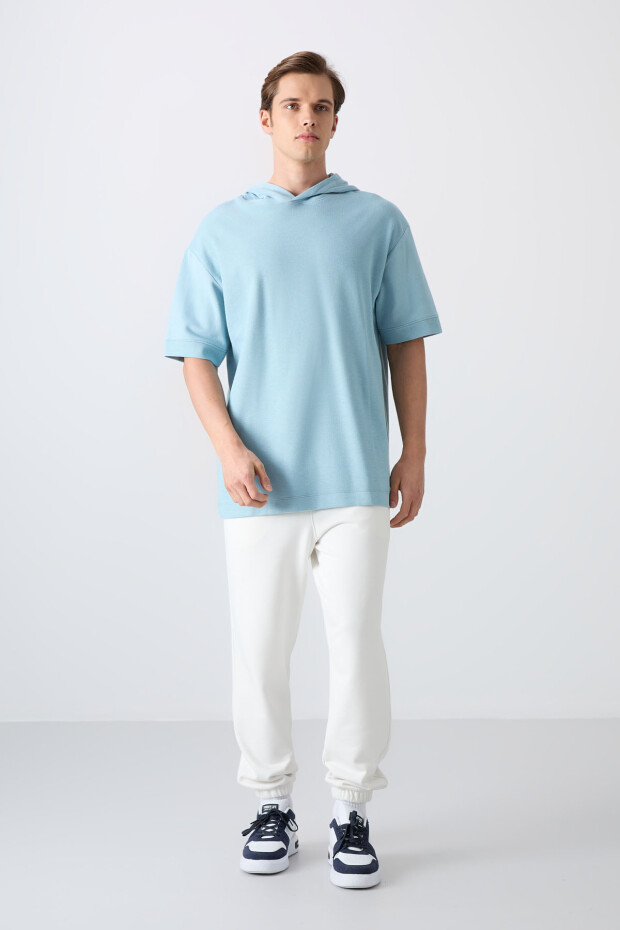 Açık Mavi Pamuklu Kalın Yüzeyi Dokulu Oversize Fit Basic Erkek T-Shirt - 88335 - 2
