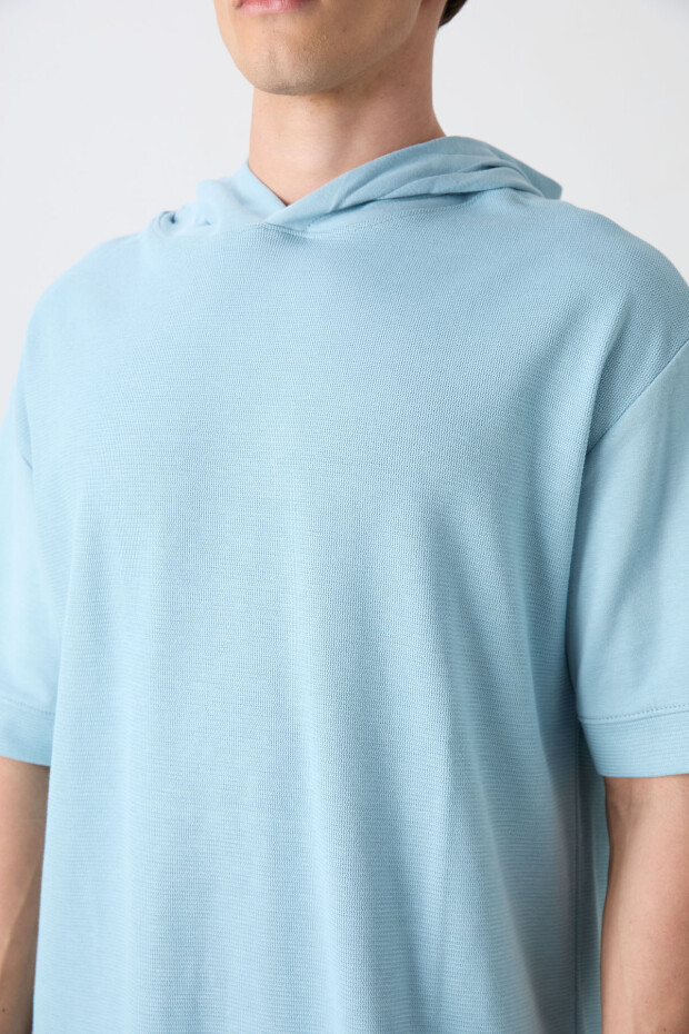Açık Mavi Pamuklu Kalın Yüzeyi Dokulu Oversize Fit Basic Erkek T-Shirt - 88335 - 3
