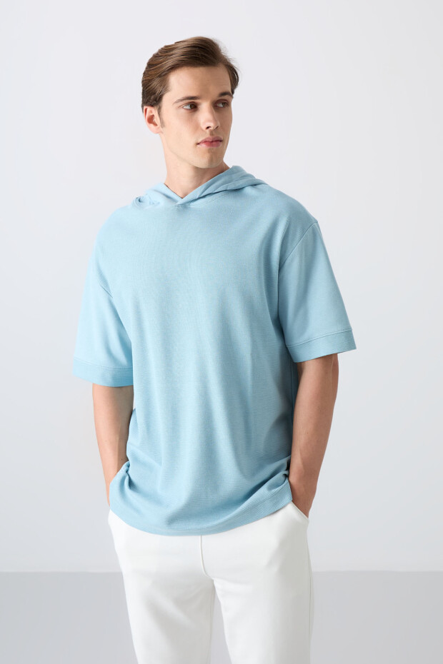 Açık Mavi Pamuklu Kalın Yüzeyi Dokulu Oversize Fit Basic Erkek T-Shirt - 88335 - 4