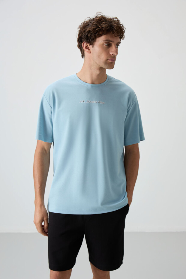 Açık Mavi Pamuklu Kalın Yüzeyi Dokulu Oversize Fit Baskılı Erkek T-Shirt - 88364 - 4