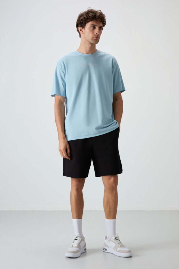 Açık Mavi Pamuklu Kalın Yüzeyi Dokulu Oversize Fit Baskılı Erkek T-Shirt - 88364 - 5