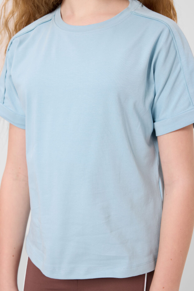 Açık Mavi Pamuklu O Yaka Standart Kalıp Basic Kız Çocuk T-Shirt - 75182 - 2