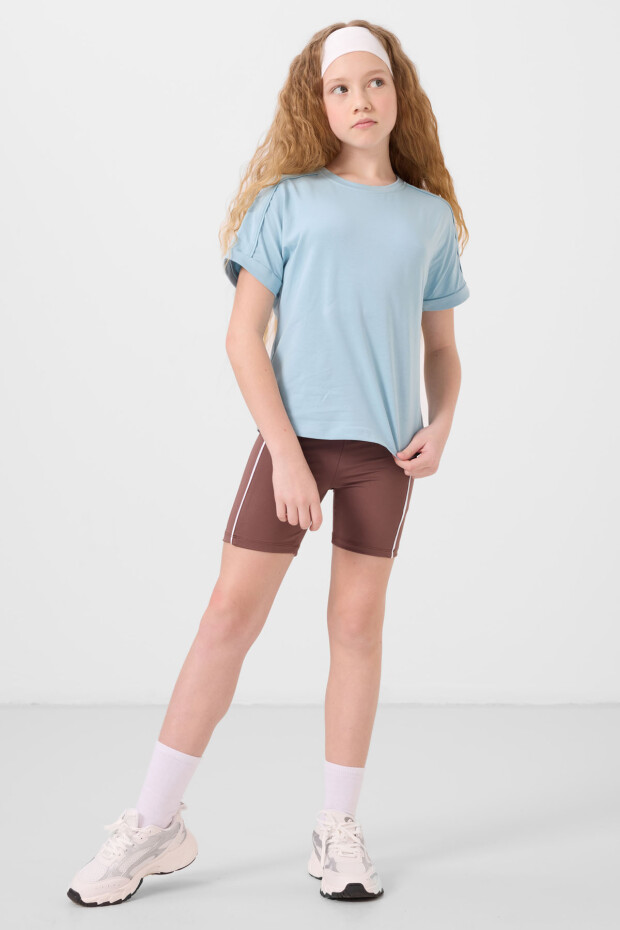 Açık Mavi Pamuklu O Yaka Standart Kalıp Basic Kız Çocuk T-Shirt - 75182 - 3