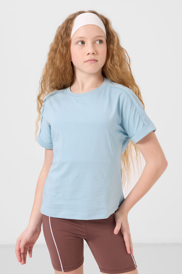 Açık Mavi Pamuklu O Yaka Standart Kalıp Basic Kız Çocuk T-Shirt - 75182 - 4