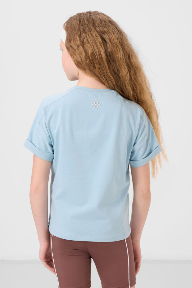 Açık Mavi Pamuklu O Yaka Standart Kalıp Basic Kız Çocuk T-Shirt - 75182 - 5