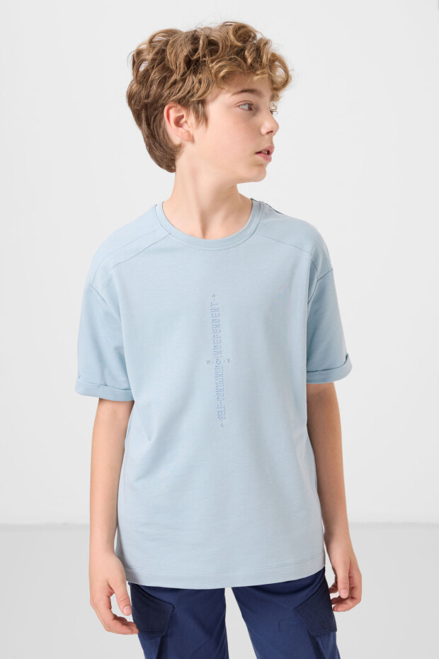 Açık Mavi Pamuklu Yumuşak Dokulu Oversize Baskılı Erkek Çocuk T-Shirt - 11301 - 2