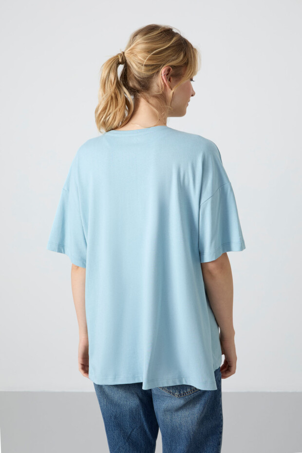 Açık Mavi Penye Modal Yumuşak Tuşeli Oversize Fit Basic Kadın T-Shirt- 97285 - 6