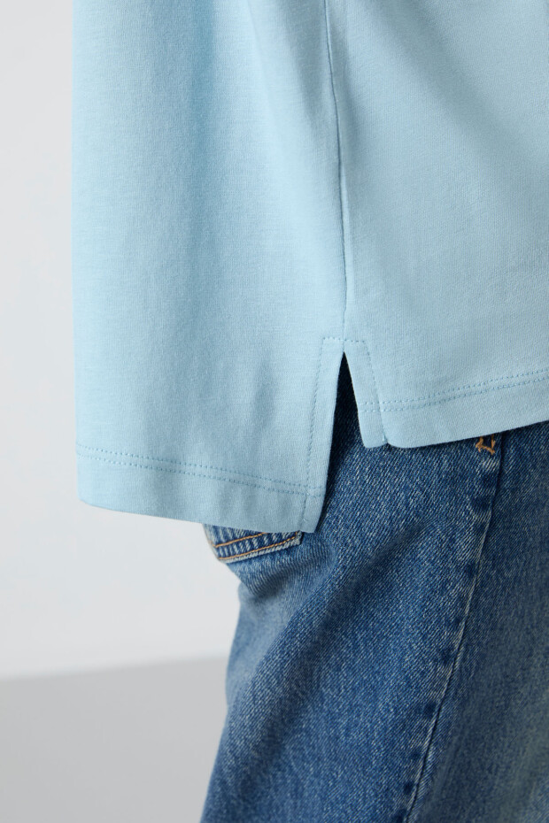 Açık Mavi Penye Modal Yumuşak Tuşeli Oversize Fit Basic Kadın T-Shirt- 97285 - 5