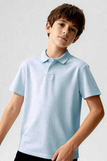 Açık Mavi Polo Yaka Standart Fit Basic Unisex Çocuk T-Shirt - 11330 - TOMMYLIFE (1)