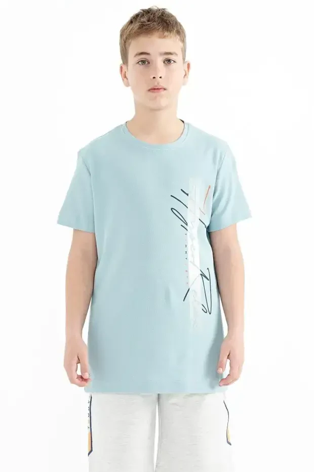 Açık Mavi Yazı Baskılı O Yaka Standart Kalıp Erkek Çocuk T-Shirt - 11119 - 1