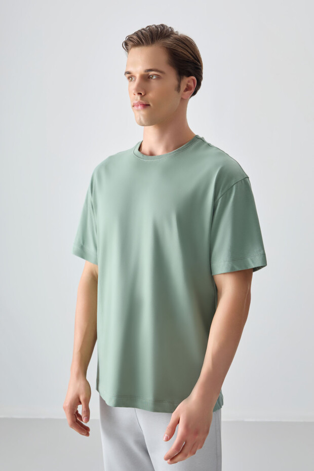 Açık Yeşil %100 Pamuk Kalın Yumuşak Dokulu Oversize Fit Basic Erkek T-Shirt - 88353 - 4