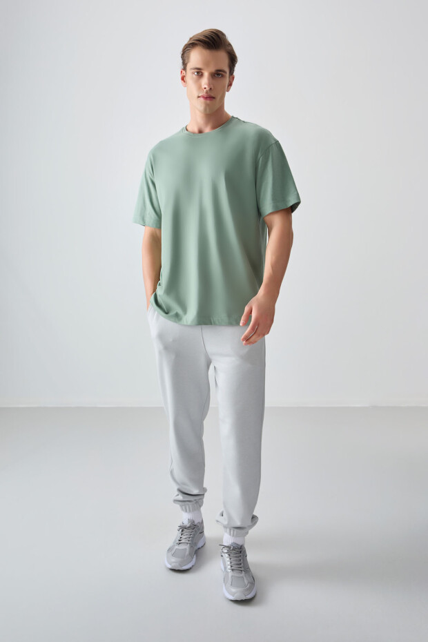 Açık Yeşil %100 Pamuk Kalın Yumuşak Dokulu Oversize Fit Basic Erkek T-Shirt - 88353 - 3
