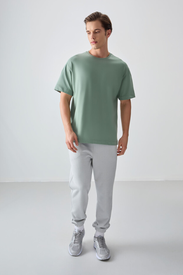 Açık Yeşil %100 Pamuk Kalın Yumuşak Dokulu Oversize Fit Basic Erkek T-Shirt - 88353 - 5