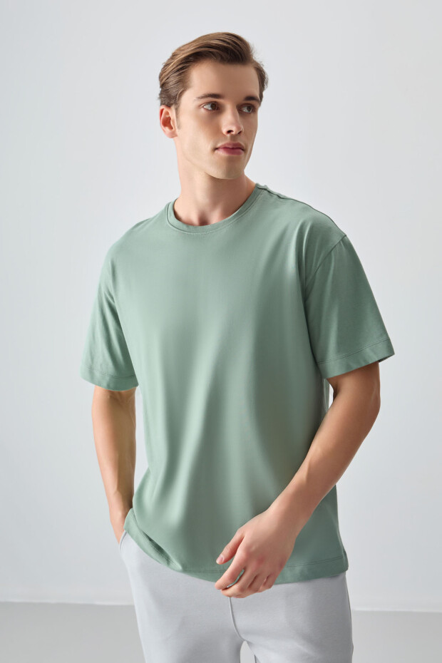 Açık Yeşil %100 Pamuk Kalın Yumuşak Dokulu Oversize Fit Basic Erkek T-Shirt - 88353 - 2