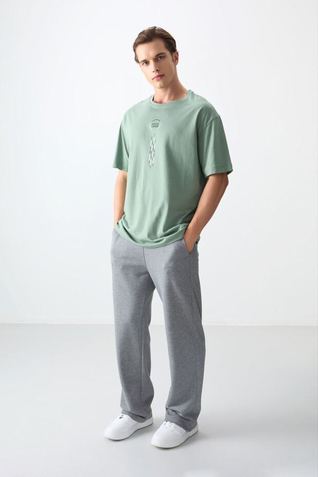Açık Yeşil %100 Pamuk Kalın Yumuşak Dokulu Oversize Fit Baskılı Erkek T-Shirt - 88355 - 3