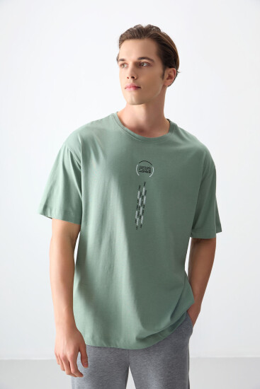 Açık Yeşil %100 Pamuk Kalın Yumuşak Dokulu Oversize Fit Baskılı Erkek T-Shirt - 88355 
