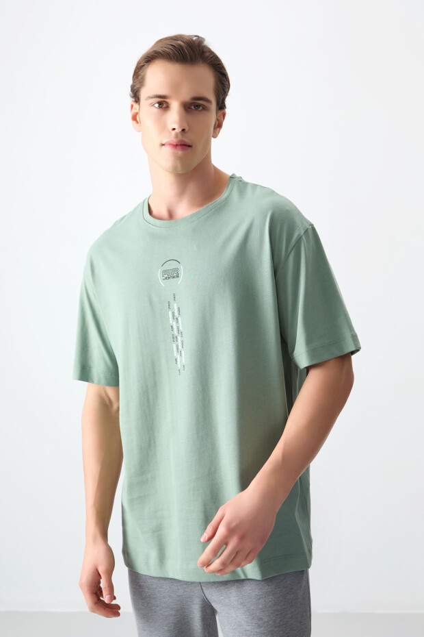 Açık Yeşil %100 Pamuk Kalın Yumuşak Dokulu Oversize Fit Baskılı Erkek T-Shirt - 88355 - 4