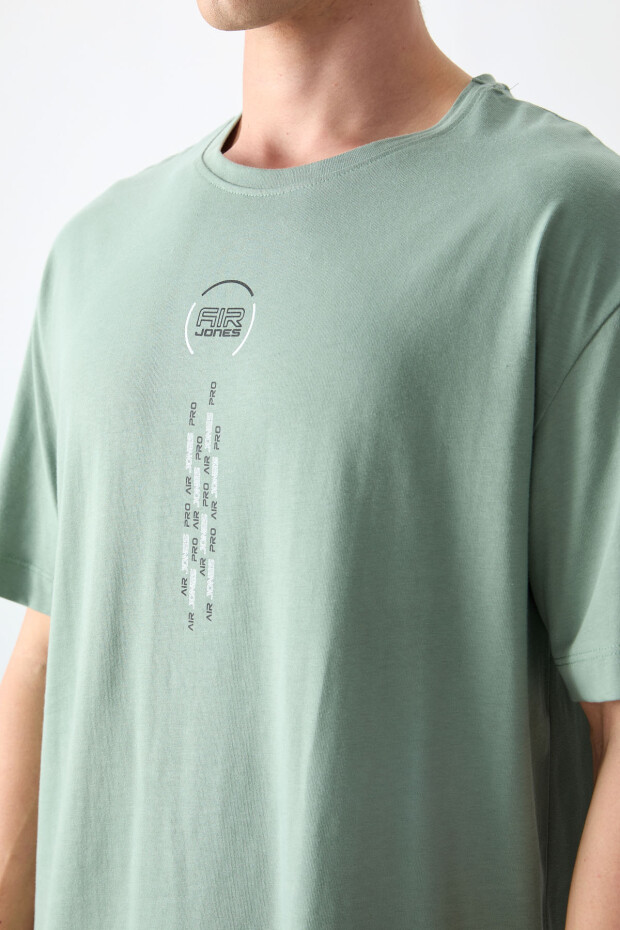 Açık Yeşil %100 Pamuk Kalın Yumuşak Dokulu Oversize Fit Baskılı Erkek T-Shirt - 88355 - 2